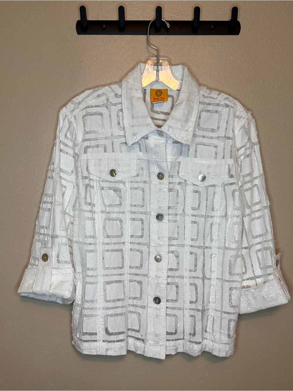 Ruby Rd. White Sheer Textured Square-Pattern Button Jacket